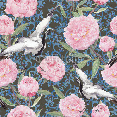 Crane birds, peony flowers. Floral repeating chinese pattern. Watercolor