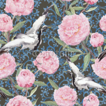 Fototapety Crane birds, peony flowers. Floral repeating chinese pattern. Watercolor