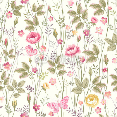 seamless floral pattern with roses and butterfly