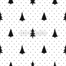 Black and white simple seamless Christmas pattern - varied Xmas trees. Happy New Year polka dots background. Vector design for textile, wallpaper, fabric, wrapping paper.