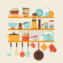 Fototapety Card with kitchen shelves and cooking utensils in retro style.