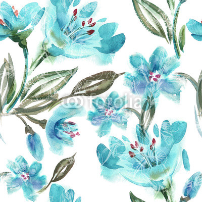 Watercolor Turquoise Flowers Seamless Pattern
