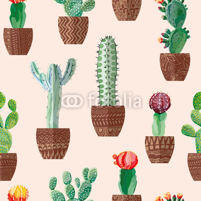 Cactus in pots seamless beige background