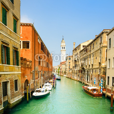 Venice panorama in Greci water canal and church campanile. Italy