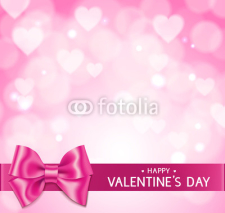 Pink Valentine's Day background with hearts, bow and horizontal ribbon