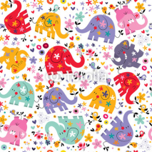 Fototapety cute elephants, birds & flowers pattern