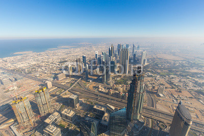 Aerial view of Downtown Dubai from the tallest building in the world, Burj Khalifa, Dubai, United Arab Emirates.
