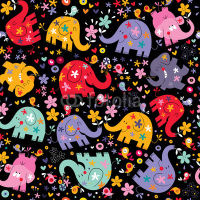 elephants, birds & flowers pattern