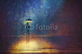 Naklejki lonely woman under umbrella lights in the dark,digital painting