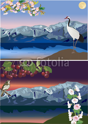 compositions with birds near mountain lakes