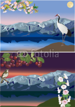 Naklejki compositions with birds near mountain lakes