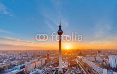 Beautiful sunset with the Television Tower at Alexanderplatz in Berlin
