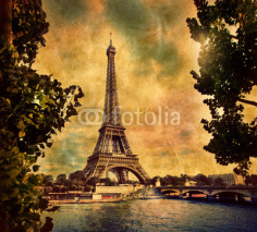 Naklejki Eiffel Tower in Paris, Fance in retro style. Seine river