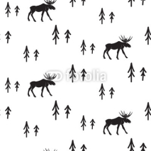 Obrazy i plakaty Scandinavian simple style black and white deer seamless pattern. Deers and pines monochrome silhouette pattern.
