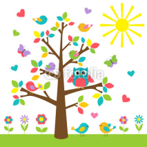 Naklejki Colorful tree with cute owl and birds