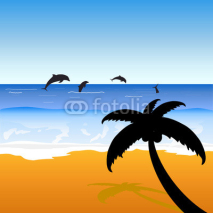 Naklejki palm on the beach with dolphins color vector