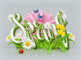 Spring lettering. Grass and flowers. 3d vector icon