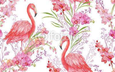 seamless pattern floral background bird pink Flamingo and Orchid