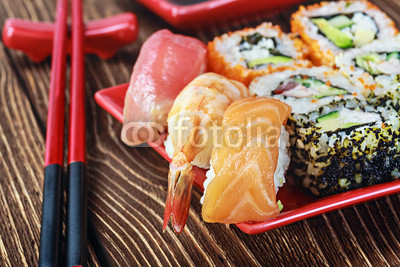 rolls and sushi and chopstick