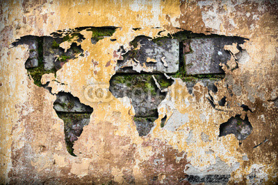 World map as a crack in old ruined, vintage wall
