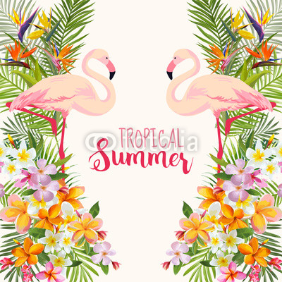 Tropical Flowers. Flamingo Bird. Tropical Background. Tropical Vacation