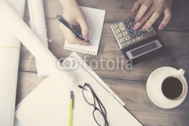 Naklejki woman hand calculator and pen
