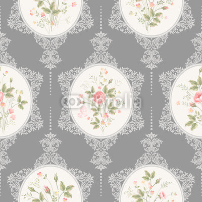 seamless floral pattern with lace and rose bouquet on grey background