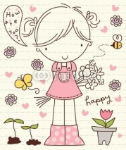 Obrazy i plakaty Vector Cute Little Girl with Flower Bunch