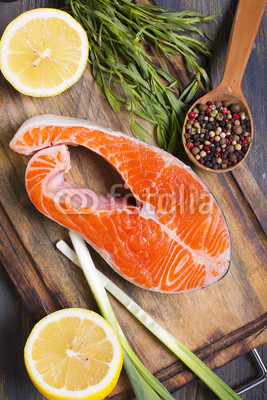 Salmon, lemon and spices closeup.
