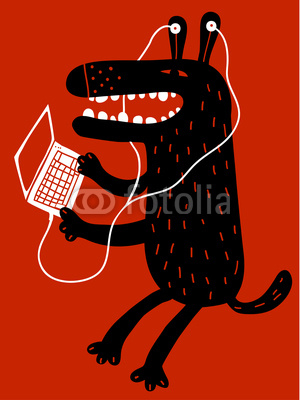 dog with earphomnes and laptop