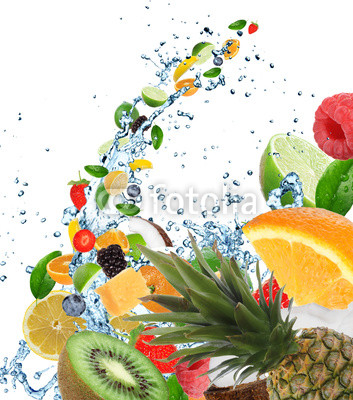Fresh healthy fruit background with splashing water