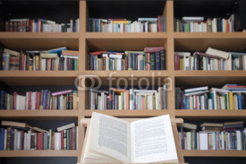 Fototapety Libro abierto sobre atril con librería de fondo 2