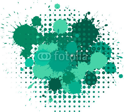 Set of ink blots and halftones patterns in turquoise colors