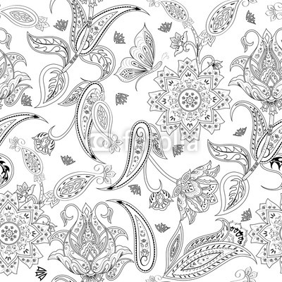Fantasy flowers seamless paisley pattern. Floral ornament, for coloring page