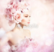 Fototapety Fashion Beauty Model Girl with Flowers Hair. Bride