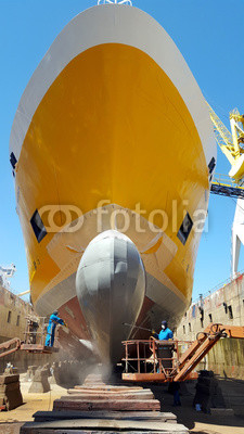 bow view of ship refitting at drydock