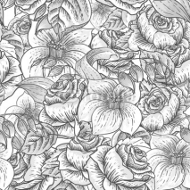 Naklejki Seamless Monochrome Floral Pattern with Roses