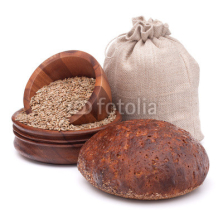 Fototapety Bread, flour sack and grain isolated on white background cutout