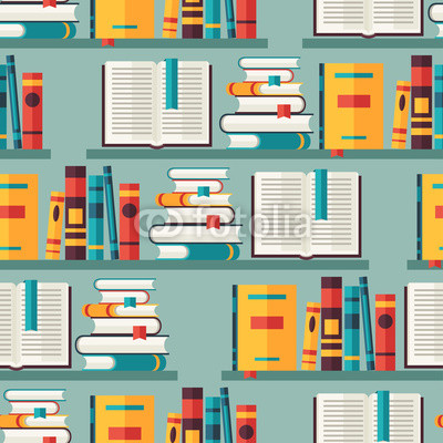 Seamless pattern with books on bookshelves in flat design style.