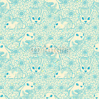 Vintage seamless pattern with bunnies and flowers