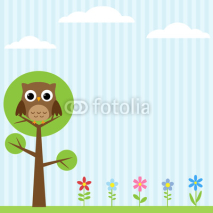 Background with flowers and owl sitting on the tree