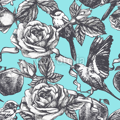 Seamless pattern with hand drawn roses, apples and birds. Vector