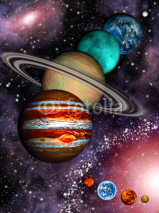 9 planets of the Solar System, asteroid belt and spiral galaxy.
