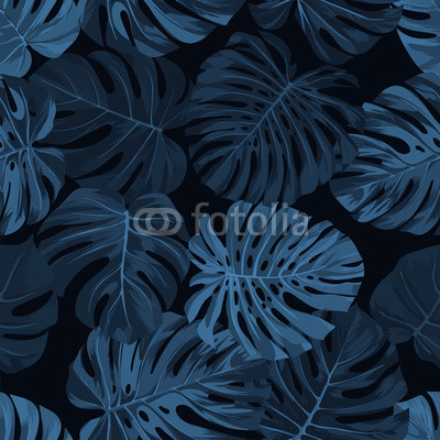 Dark indigo vector pattern with monstera palm leaves on dark background. Seamless summer tropical fabric design.