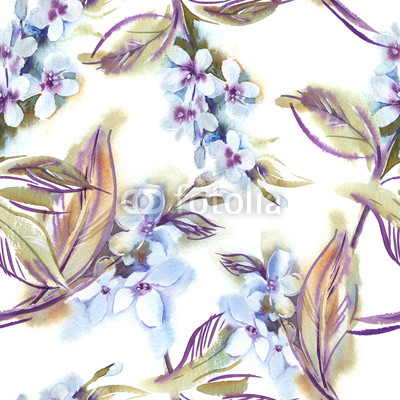 Watercolor Seamless Pattern with Blooming Twigs