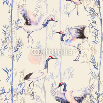 Hand-drawn watercolor seamless pattern with white Japanese dancing cranes. Repeated background with delicate birds and bamboo