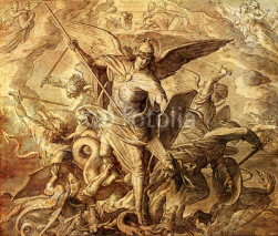 Obrazy i plakaty Archangel Michael fighting with dragon, engraving of Nazareene School, published in The Holy Bible, St.Vojtech Publishing, Trnava, Slovakia, 1937.