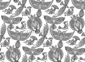 Fototapety Seamless pattern with hand drawn fancy birds in ethnic ornate do