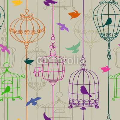 Seamless pattern of birds and cages