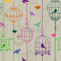 Naklejki Seamless pattern of birds and cages